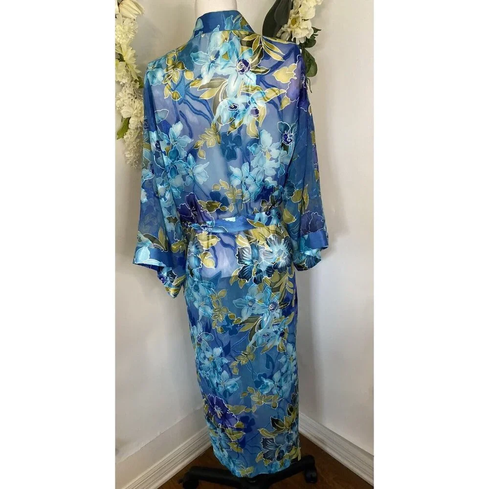 Vintage California Dynasty Blue Semi‎ Sheer Floral Long Robe Medium Pockets EUC